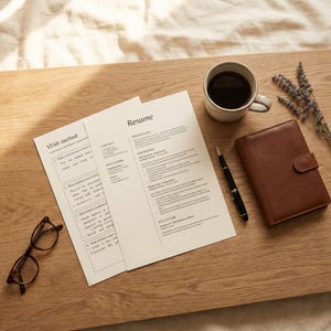 May include: A resume and STAR method notes are on a wooden surface, alongside a cup of coffee, a brown leather journal, a pen, and eyeglasses. A sprig of lavender adds a decorative touch to the scene.