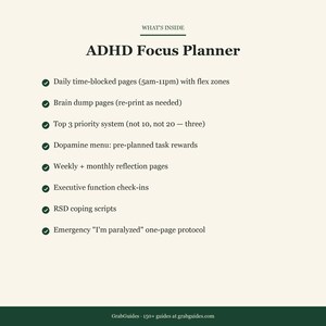 Puede incluir: Planificador de enfoque TDAH de color crema con una lista de caracter&iacute;sticas en texto verde oscuro. El planificador incluye p&aacute;ginas diarias con bloques de tiempo, p&aacute;ginas de descarga cerebral, un sistema de prioridad top 3 y un men&uacute; de dopamina.