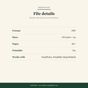 Puede incluir: Gr&aacute;fico color crema con el texto &laquo;File details&raquo; y &laquo;Exactly what lands in your download&raquo;. El formato es PDF, los tama&ntilde;os son US Letter + A4 y hay m&aacute;s de 80 p&aacute;ginas. Es imprimible y funciona con GoodNotes y Notability.