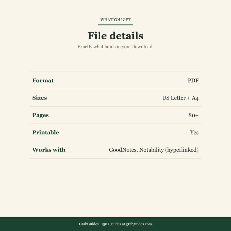 Puede incluir: Gr&aacute;fico color crema con el texto &laquo;File details&raquo; y &laquo;Exactly what lands in your download&raquo;. El formato es PDF, los tama&ntilde;os son US Letter + A4 y hay m&aacute;s de 80 p&aacute;ginas. Es imprimible y funciona con GoodNotes y Notability.