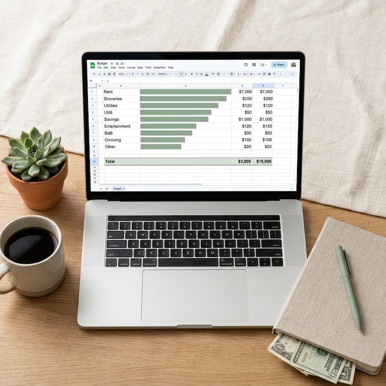 Op de afbeelding: Een laptop met een budgetspreadsheet met categorie&euml;n zoals huur, boodschappen en nutsvoorzieningen. Een kop koffie, een vetplant in een terracotta pot, een notitieboek en contant geld liggen op het houten bureau.