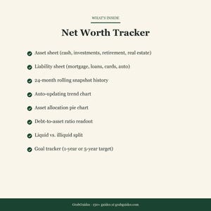 May include: A digital financial planning tool titled "Net Worth Tracker" with a list of features. The features include asset and liability sheets, a 24-month history, trend charts, and goal tracking. The text is in a clean, modern font on a cream background.