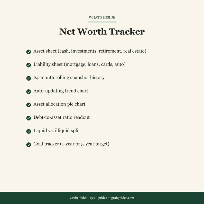 May include: A digital financial planning tool titled "Net Worth Tracker" with a list of features. The features include asset and liability sheets, a 24-month history, trend charts, and goal tracking. The text is in a clean, modern font on a cream background.
