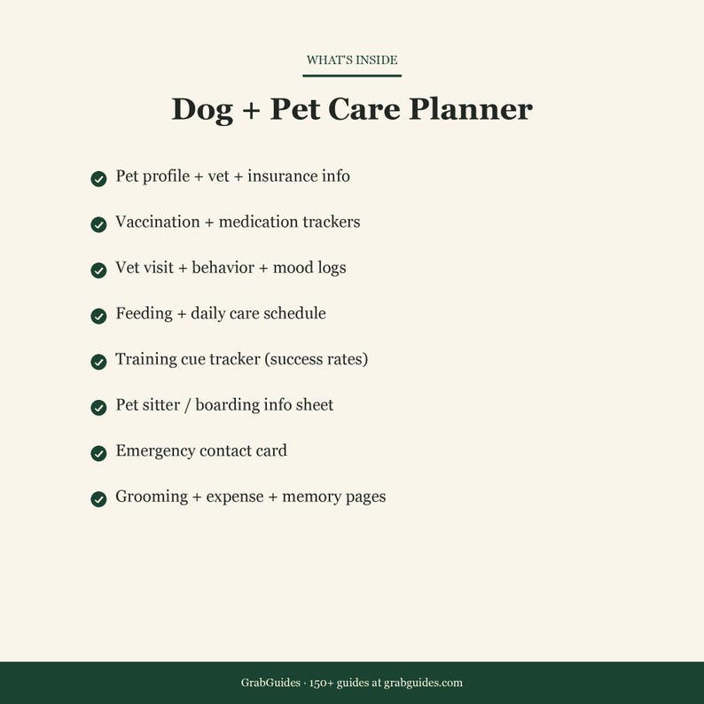 May include: A cream-colored page with the title "Dog + Pet Care Planner" in a bold, dark font. The page lists features like pet profile, vaccination trackers, vet visits, feeding schedules, training cues, pet sitter info, emergency contacts, and grooming pages.