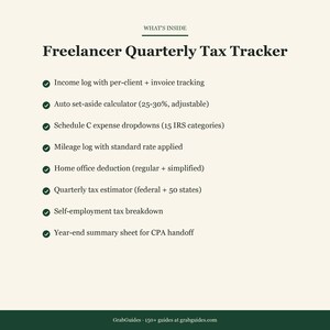 May include: A cream-colored graphic with the title "Freelancer Quarterly Tax Tracker." The text lists features including income and mileage logs, expense breakdowns, and a tax estimator. The GrabGuides logo is at the bottom.
