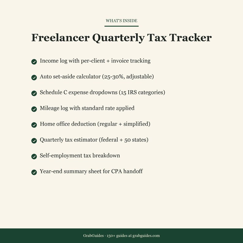 May include: A cream-colored graphic with the title "Freelancer Quarterly Tax Tracker." The text lists features including income and mileage logs, expense breakdowns, and a tax estimator. The GrabGuides logo is at the bottom.