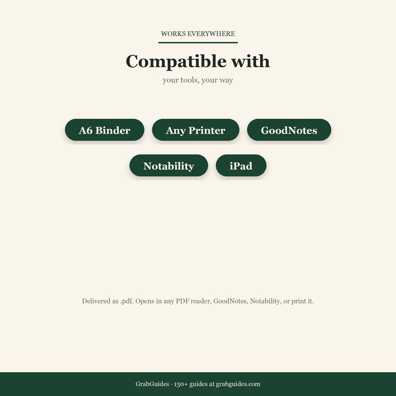 May include: A digital product compatibility graphic with the text "Compatible with" and options for A6 Binder, Any Printer, GoodNotes, Notability, and iPad. The product is delivered as a PDF and opens in any PDF reader.