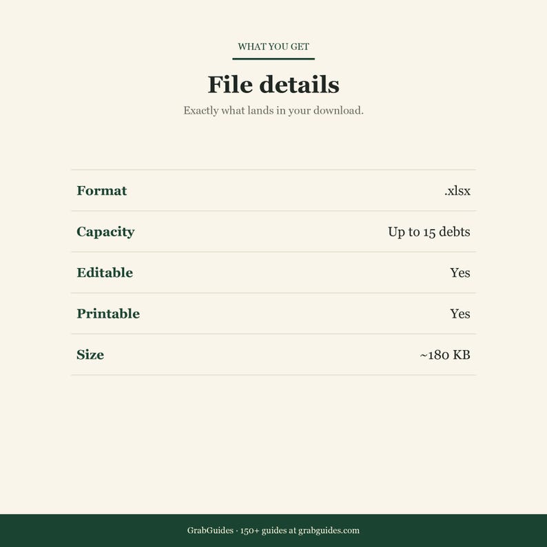 Op de afbeelding: Cr&egrave;mekleurige afbeelding met bestandsdetails. Het formaat is .xlsx, capaciteit tot 15 schulden. Bewerkbaar en afdrukbaar, grootte ongeveer 180 KB. De tekst "File details" wordt weergegeven.