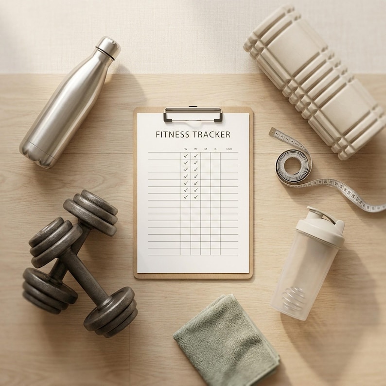 Pu&ograve; includere: Un assortimento di attrezzature per il fitness, tra cui una borraccia in acciaio inossidabile, manubri, un rullo in schiuma, un metro a nastro, uno shaker, un piccolo asciugamano e un appunti con un elenco "FITNESS TRACKER".