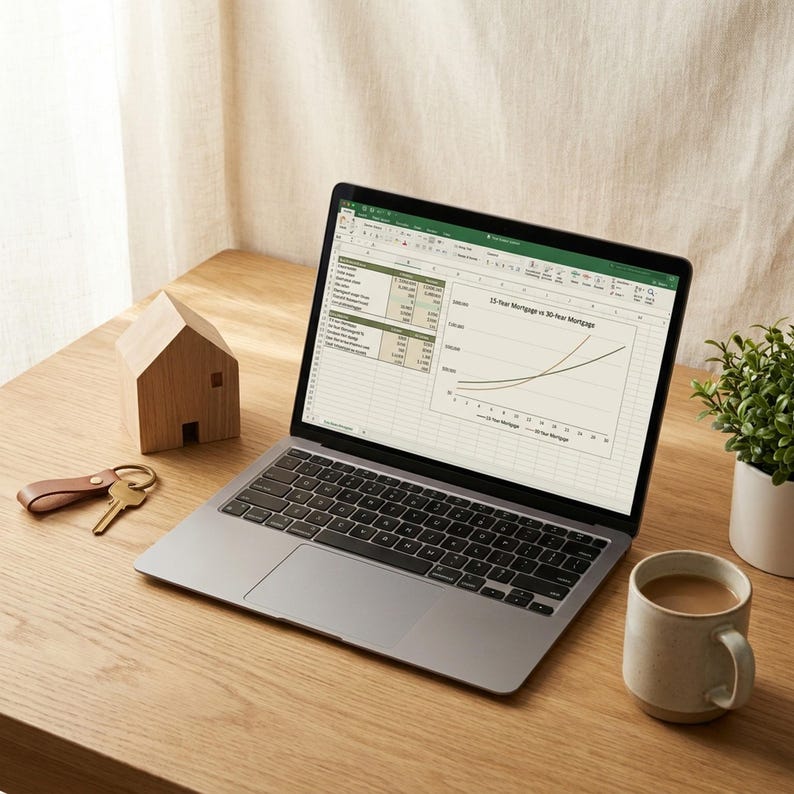 May include: A laptop displaying a financial chart sits on a wooden desk alongside a small wooden house, a set of keys, a mug of coffee, and a potted plant. The laptop screen shows a comparison of a 15-year mortgage vs. a 30-year mortgage.