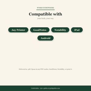 Puede incluir: Gr&aacute;fico color crema con el texto "Compatible con" y una lista de dispositivos compatibles: Any Printer, GoodNotes, Notability, iPad y Android. El texto "Works Everywhere" est&aacute; en la parte superior. La parte inferior del gr&aacute;fico dice "GrabGuides - 150+ guides at grabguides.com."