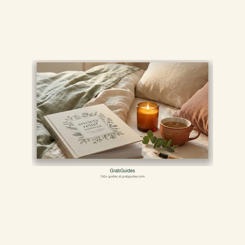 May include: A serene scene featuring a lit candle, a cup of tea, and an open "Anxiety Relief Workbook" on a bed. The workbook has a floral design around the title. A pen and sprig of greenery are also present, creating a calming atmosphere.