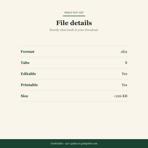 May include: A cream-colored graphic with the text "File details" and "Exactly what lands in your download." The file format is .xlsx, with 8 tabs. It is editable and printable, with a size of approximately 220 KB. The bottom of the graphic includes the text "GrabGuides - 150+ guides at grabguides.com."
