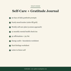 Puede incluir: Una p&aacute;gina color crema con el t&iacute;tulo "Self-Care + Gratitude Journal" y una lista de caracter&iacute;sticas, que incluyen indicaciones diarias de gratitud, un rastreador de estado de &aacute;nimo y un plan de autocuidado semanal. El texto "WHAT'S INSIDE" est&aacute; en la parte superior y la direcci&oacute;n del sitio web de GrabGuides en la parte inferior.