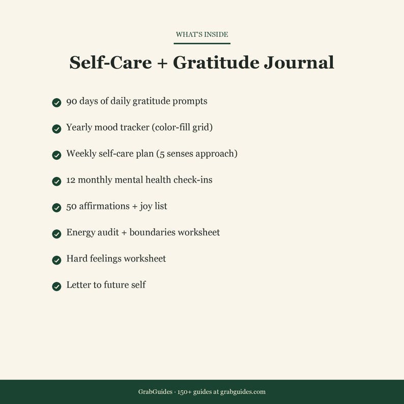 Puede incluir: Una p&aacute;gina color crema con el t&iacute;tulo "Self-Care + Gratitude Journal" y una lista de caracter&iacute;sticas, que incluyen indicaciones diarias de gratitud, un rastreador de estado de &aacute;nimo y un plan de autocuidado semanal. El texto "WHAT'S INSIDE" est&aacute; en la parte superior y la direcci&oacute;n del sitio web de GrabGuides en la parte inferior.