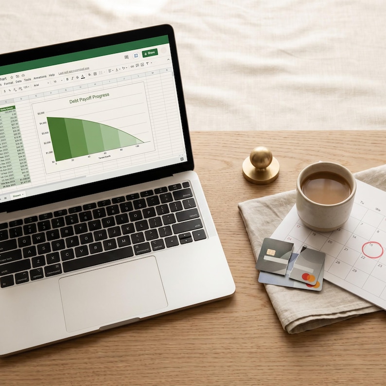 Op de afbeelding: Een laptop met een grafiek van de aflossing van schulden staat op een houten bureau. Daarnaast een kop koffie, een kalender met een omcirkelde datum, een gouden knop en creditcards. De sc&egrave;ne suggereert financi&euml;le planning.