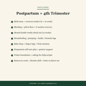 Puede incluir: Un gr&aacute;fico color crema con el texto "Postpartum + 4th Trimester". El texto enumera temas como la historia del nacimiento, la recuperaci&oacute;n, la salud mental, la lactancia, el sue&ntilde;o del beb&eacute;, el autocuidado, los l&iacute;mites de los visitantes y el regreso al trabajo. El logotipo de GrabGuides est&aacute; en la parte inferior.