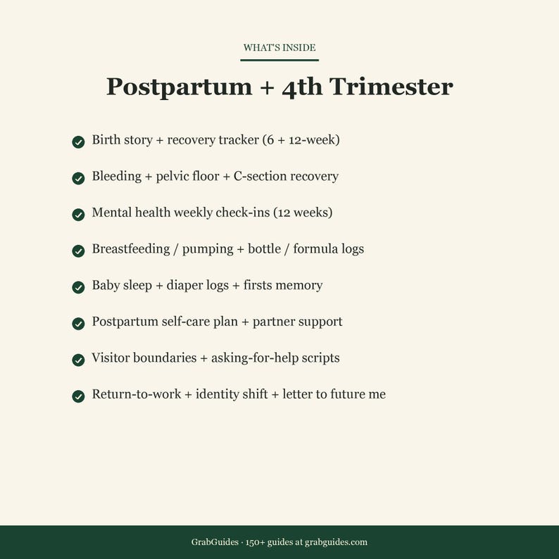 Puede incluir: Un gr&aacute;fico color crema con el texto "Postpartum + 4th Trimester". El texto enumera temas como la historia del nacimiento, la recuperaci&oacute;n, la salud mental, la lactancia, el sue&ntilde;o del beb&eacute;, el autocuidado, los l&iacute;mites de los visitantes y el regreso al trabajo. El logotipo de GrabGuides est&aacute; en la parte inferior.