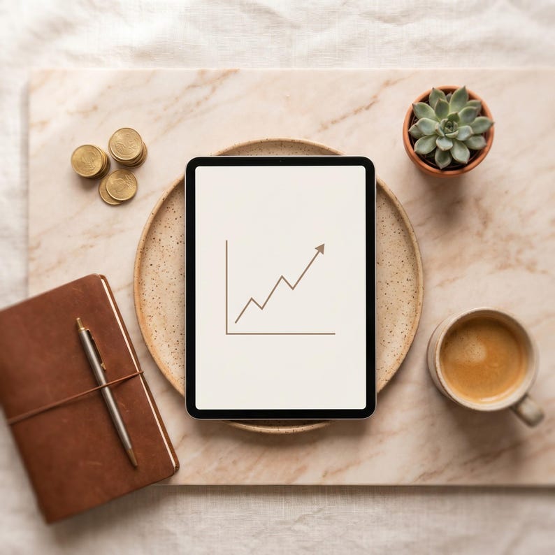 May include: A digital tablet displaying a brown upward trending graph, resting on a beige plate. A brown leather-bound notebook with a silver pen, a small succulent plant in a terracotta pot, a cup of coffee, and a stack of coins are also present.