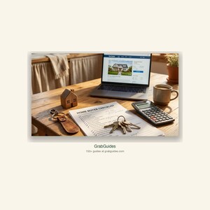 May include: A laptop displaying a house listing sits on a wooden desk next to a Home Buyer Checklist, keys, a calculator, a coffee mug, and a wooden house figurine. A leather keychain and a small potted plant are also visible.