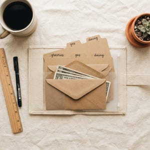 May include: A beige fabric budget binder with brown paper envelopes labeled "groceries", "gas", and "dining". The envelopes contain dollar bills. A cup of coffee, a pen, a ruler, and a small potted succulent are also visible.