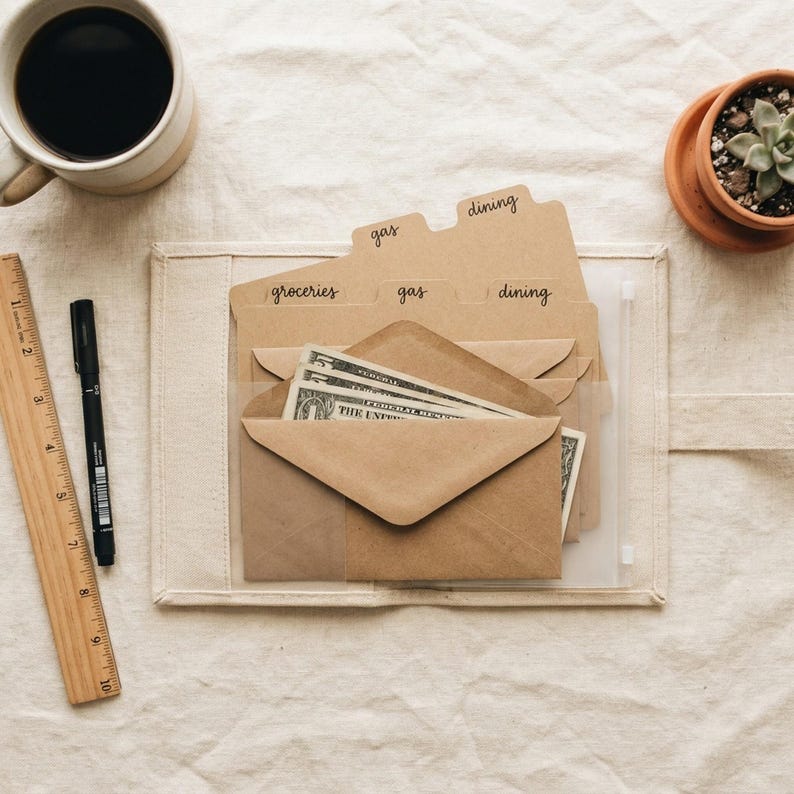 May include: A beige fabric budget binder with brown paper envelopes labeled "groceries", "gas", and "dining". The envelopes contain dollar bills. A cup of coffee, a pen, a ruler, and a small potted succulent are also visible.