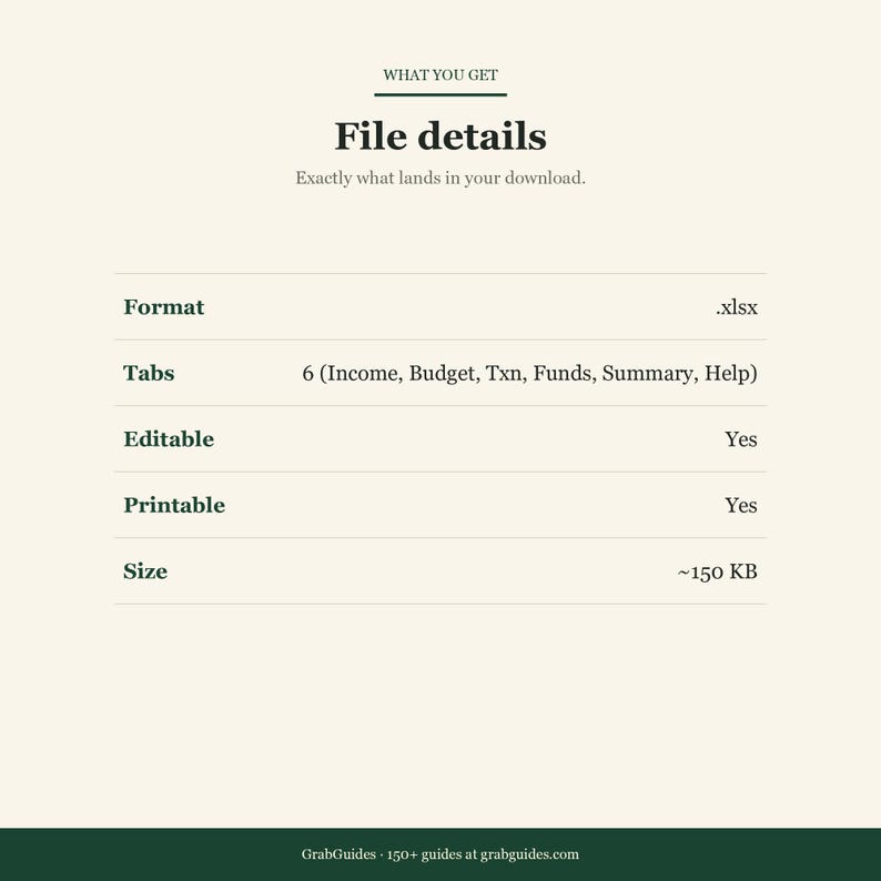 Op de afbeelding: Een digitale bestandsdetailsafbeelding met de tekst "File details" en "Exactly what lands in your download." Het bestandsformaat is .xlsx, met 6 tabbladen, is bewerkbaar en afdrukbaar en is ongeveer 150 KB groot.