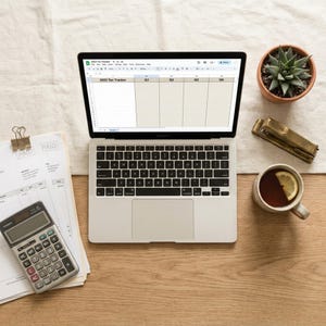 May include: A laptop displaying a 2023 tax tracker spreadsheet sits on a wooden desk, next to a calculator, invoices, a stapler, a cup of tea with lemon, and a small potted succulent. The invoices are clipped together with a metal clip.
