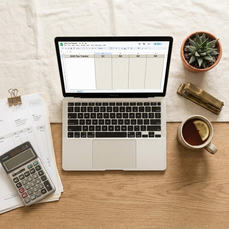 May include: A laptop displaying a 2023 tax tracker spreadsheet sits on a wooden desk, next to a calculator, invoices, a stapler, a cup of tea with lemon, and a small potted succulent. The invoices are clipped together with a metal clip.