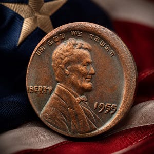 May include: A close-up of a copper penny from 1955, featuring a profile of a man and the inscriptions "IN GOD WE TRUST" and "LIBERTY." The penny rests on a backdrop of the American flag, with its red, white, and blue stripes and a gold star.