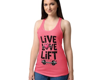 Live Love Lift Women’s Gym Shirt – Pink Heart Barbell Fitness T-Shirt Racerback