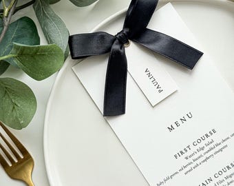 Black Satin Ribbon Wedding Menu with Personalized Guest Name Tag