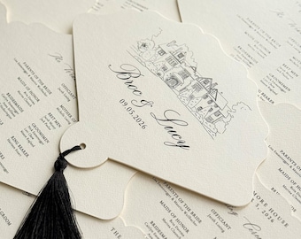 Cream Wedding Program Fan with Venue Illustration, Scalloped Edge and Black Tassel