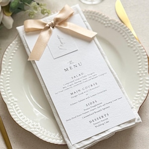 Luxury Wedding Menu with Satin Ribbon Bow Personalized Menu Card Elegant Neutral Table Setting