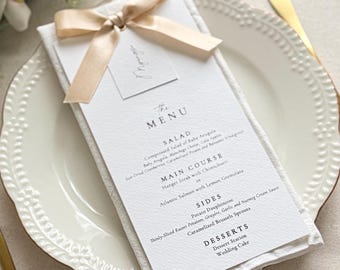 Champagne Gold Wedding Menu with Satin Ribbon Bow, Personalized Guest Name Tag