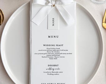 White Wedding Menu with Satin Ribbon Bow, Personalized Guest Name Tag