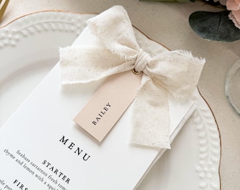 Linen Wedding Menu with Frayed Ribbon Bow, Personalized Guest Name Tag