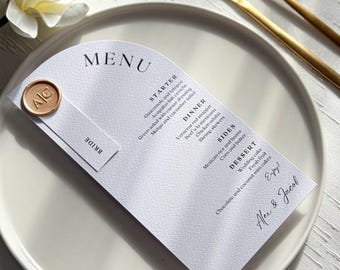 Arch Wedding Menu with Wax Seal, Personalized Name Tag and Textured Cardstock