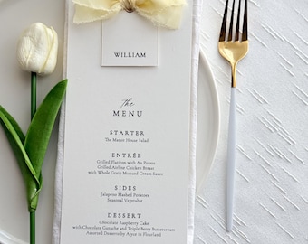 Light Yellow Wedding Menu with Chiffon Ribbon Bow and Guest Name Tag