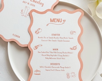 Wavy Edge Wedding Menu with Scalloped Border and Playful Illustrations