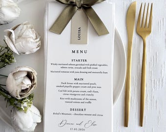 Personalized Wedding Menu Card with Satin Ribbon Bow Elegant Place Setting Minimal Table Menu