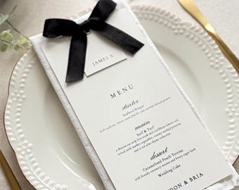 Black Wedding Menu with Satin Ribbon Bow, Personalized Guest Name Tag