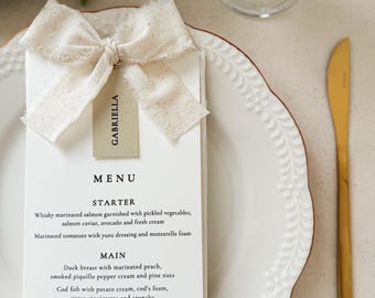 Linen Wedding Menu with Frayed Ribbon Bow, Personalized Guest Name Tag