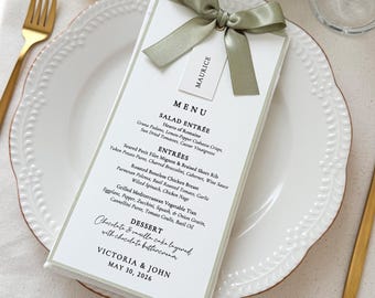 Sage Green Wedding Menu with Satin Ribbon Bow, Personalized Guest Name Tag