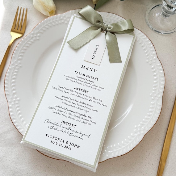 Sage Green Wedding Menu with Satin Ribbon Bow, Personalized Guest Name Tag