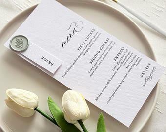 Wax Seal Wedding Menu with Deep Green Name Tag on Textured Cardstock