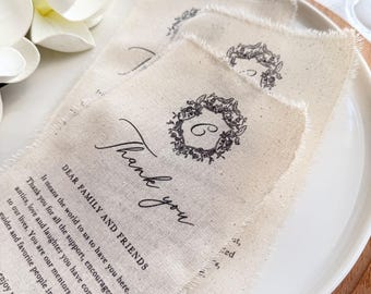 Fabric Wedding Menu with Frayed Edges, Personalized Linen Menu Card