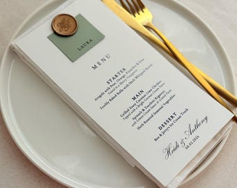 Gold Wax Seal Wedding Menu Card with Deep Green Name Tag, Personalized Place Card Menu