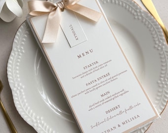 Champagne Wedding Menu with Satin Ribbon Bow, Personalized Guest Name Tag