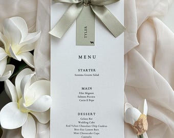 Sage Green Ribbon Wedding Menu with Matching Name Tag, Personalized Guest Menu